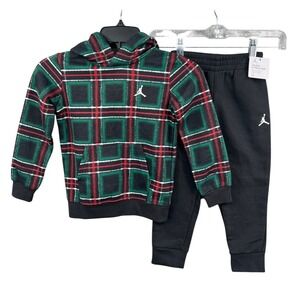 Jordan 2-Piece Fleece Hoodie Jogger Set Toddler 4T Black Plaid Red Green NWT